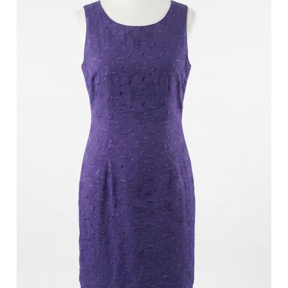 Vtg 90s Jessica Howard Sheath Dress 14P Purple Linen Blend Embroidery Old Money